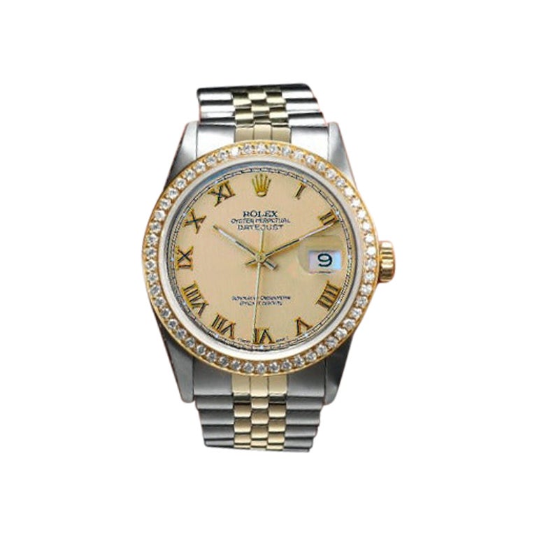 Rolex Datejust Diamond Bezel Champagne Roman Dial Two Tone Watch For Sale
