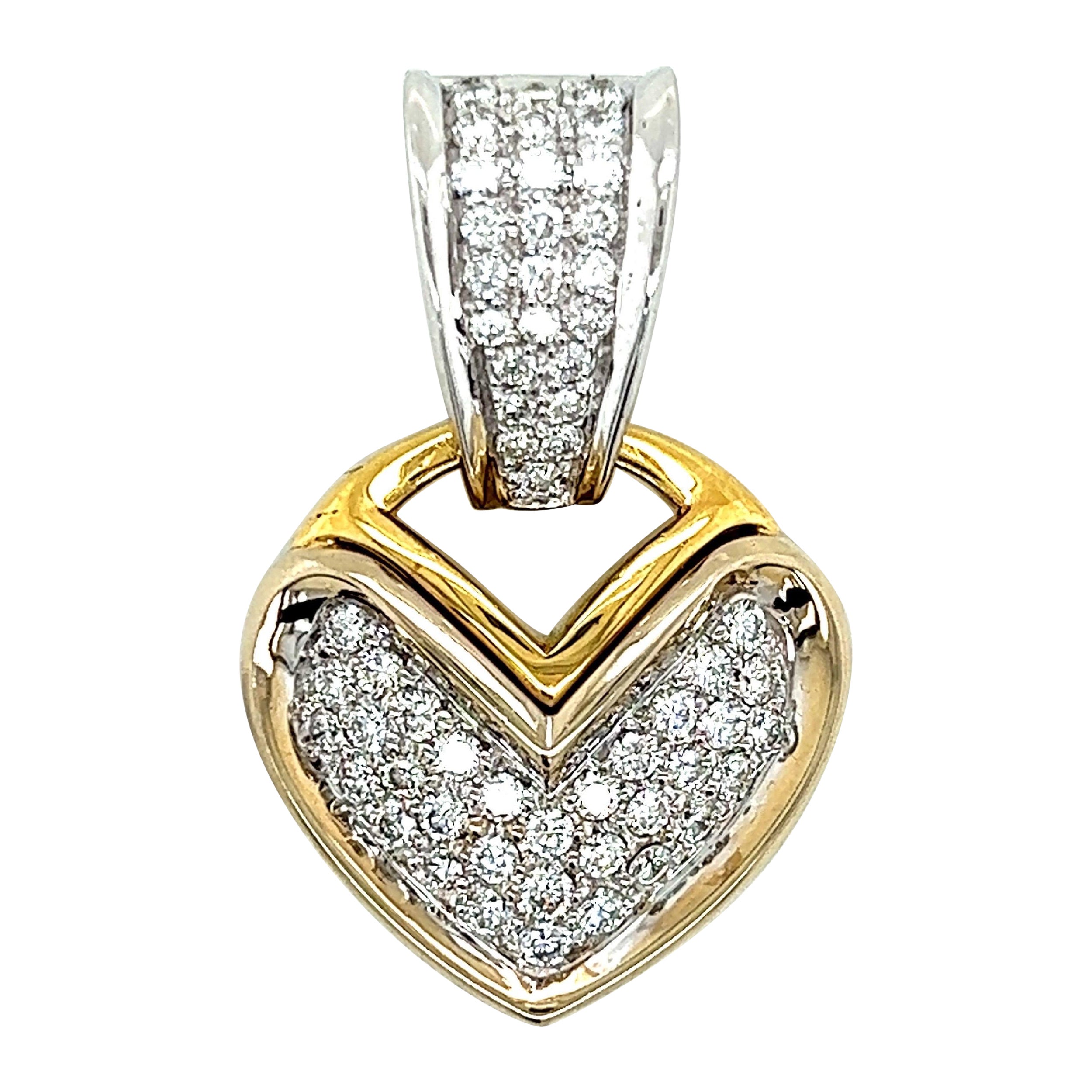 18k White and Yellow Gold Heart Pendant with White Diamonds For Sale