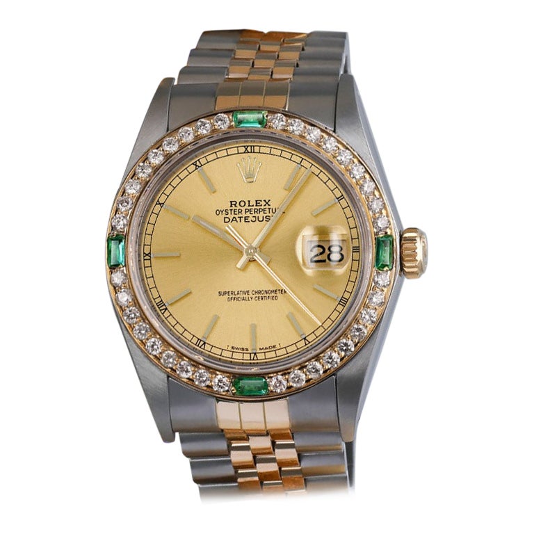 Rolex Datejust Diamond/Emerald Bezel Champagne Stick Dial Two Tone Bracelet For Sale