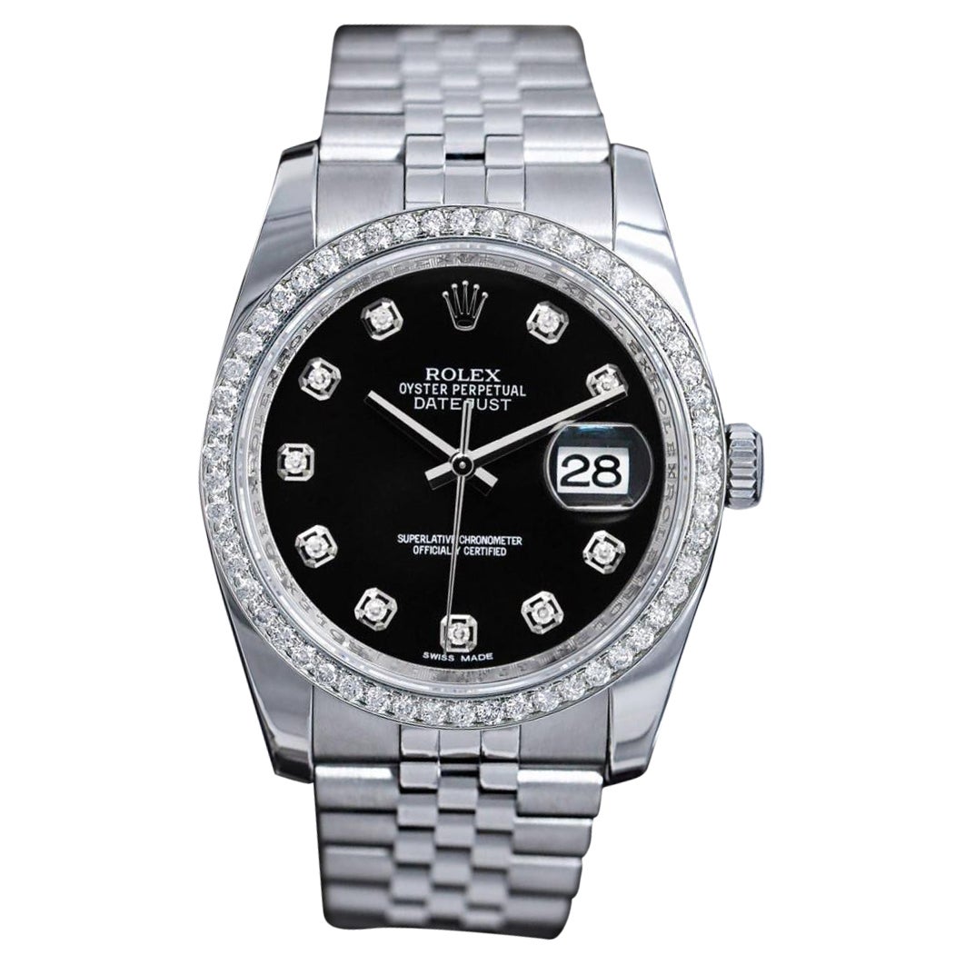 Rolex Datejust Factory Uhr mit schwarzem Diamant-Zifferblatt und maßgefertigter Diamant-Lünette