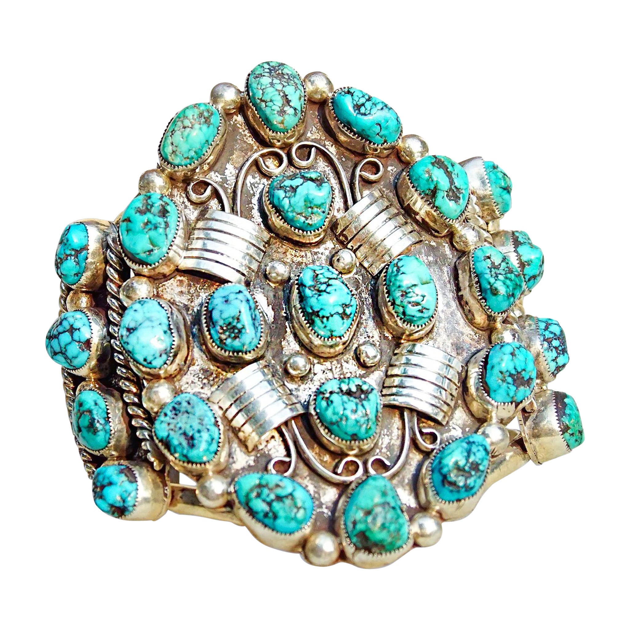 Pat Platero HUGE Navajo Sterling Silver Turquoise Cluster Cuff Bracelet For Sale