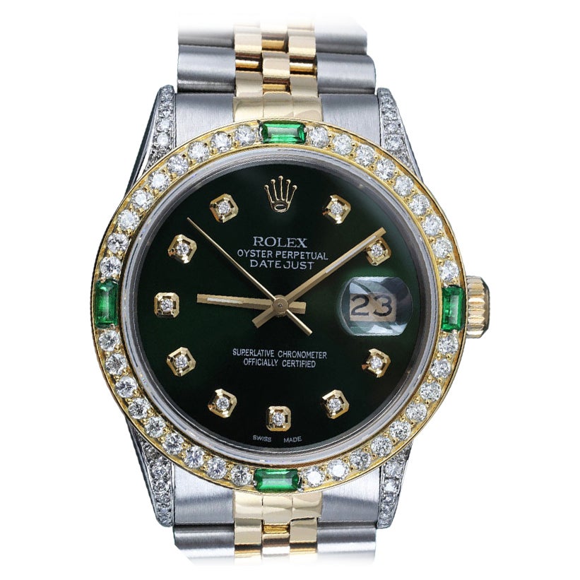 Rolex Datejust Green Dial with Emeralds & Diamonds Two Tone Jubilee Watch For Sale