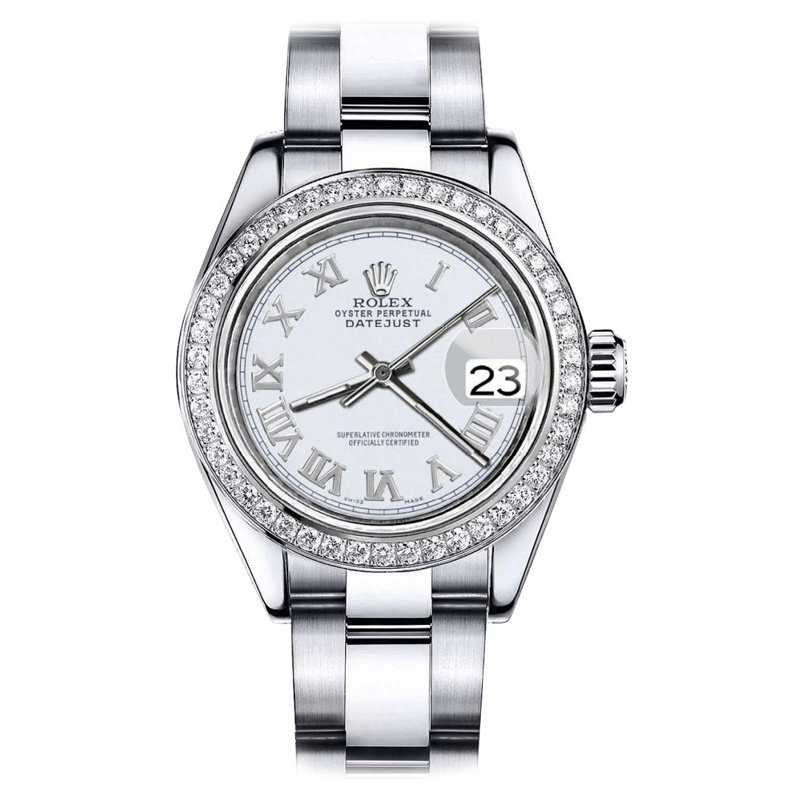 Rolex Ivory Roman Datejust Stainless Steel Oyster Diamond Bezel Watch 69160 For Sale