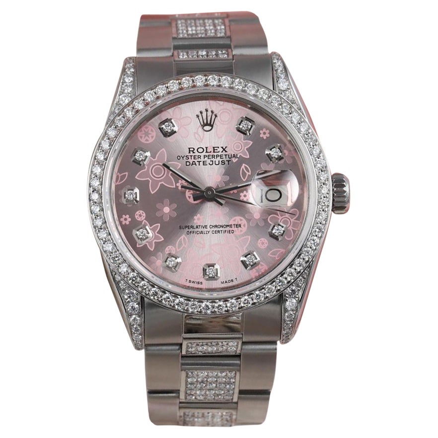 Rolex Pink Flower Datejust S/S Diamond on Side Band + Bezel & Lugs Watch 16014 For Sale