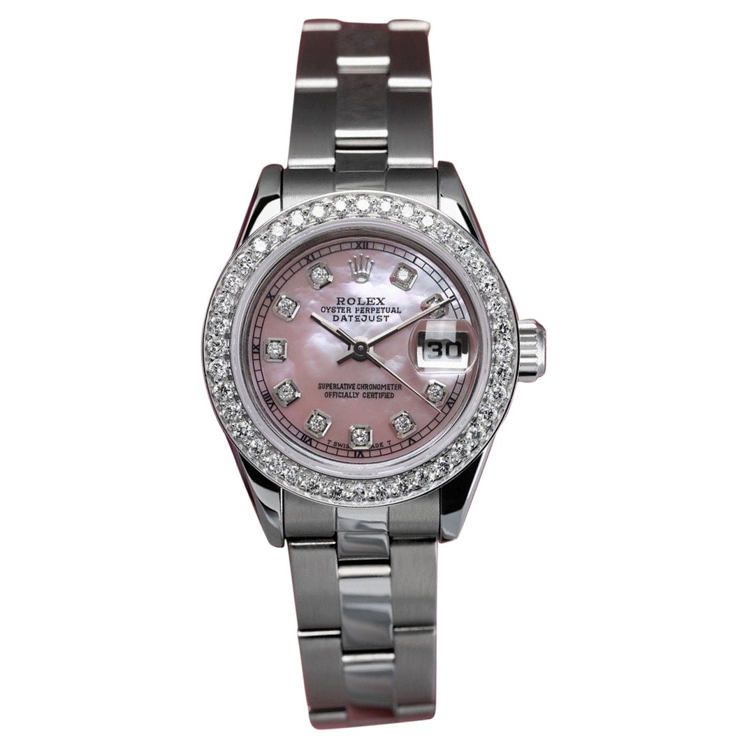 Rolex Pink Natural Pearl Datejust SS Oyster Bracelet & Diamond Bezel Watch 69160 For Sale