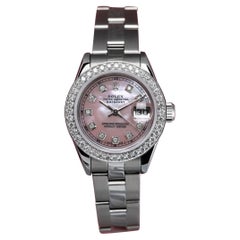 Rolex Pink Natural Pearl Datejust SS Oyster Bracelet & Diamond Bezel Watch 69160