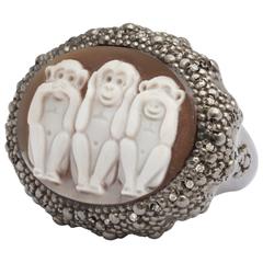 Amedeo "Wise Monkeys" Cameo Diamond Rhodium Plated Sterling Silver Ring