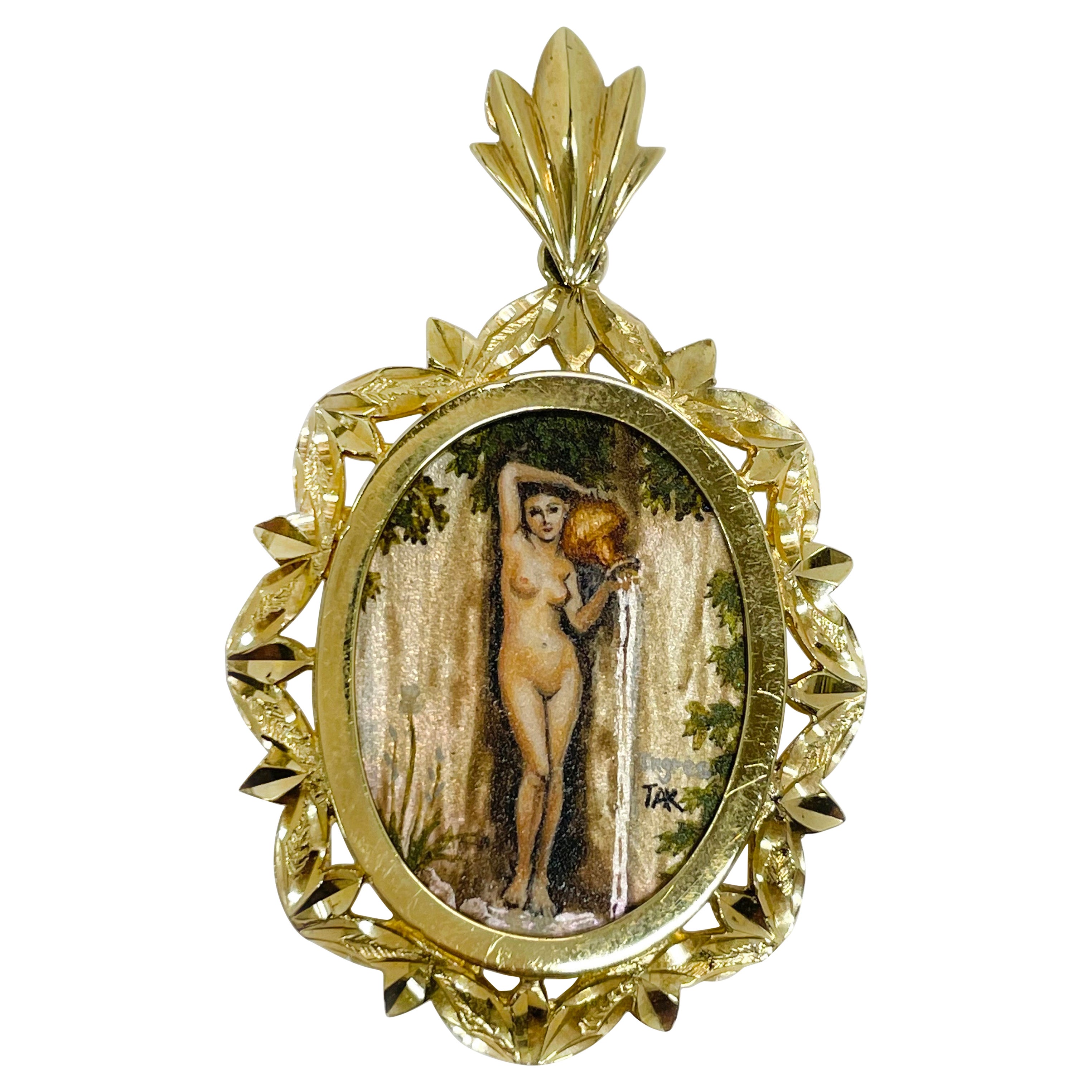 Pendentif MOP « The Spring » de 14 carats peint à la main #0709 en vente