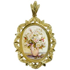 Pendentif chef-d'œuvre de jardinière rose 14 carats peint à la main MOP #0782