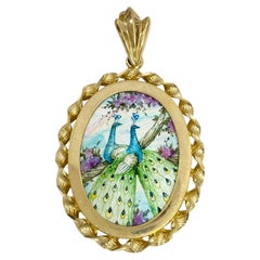 Retro 14 Karat Peacocks Masterpiece Hand Painted MOP Pendant #0712