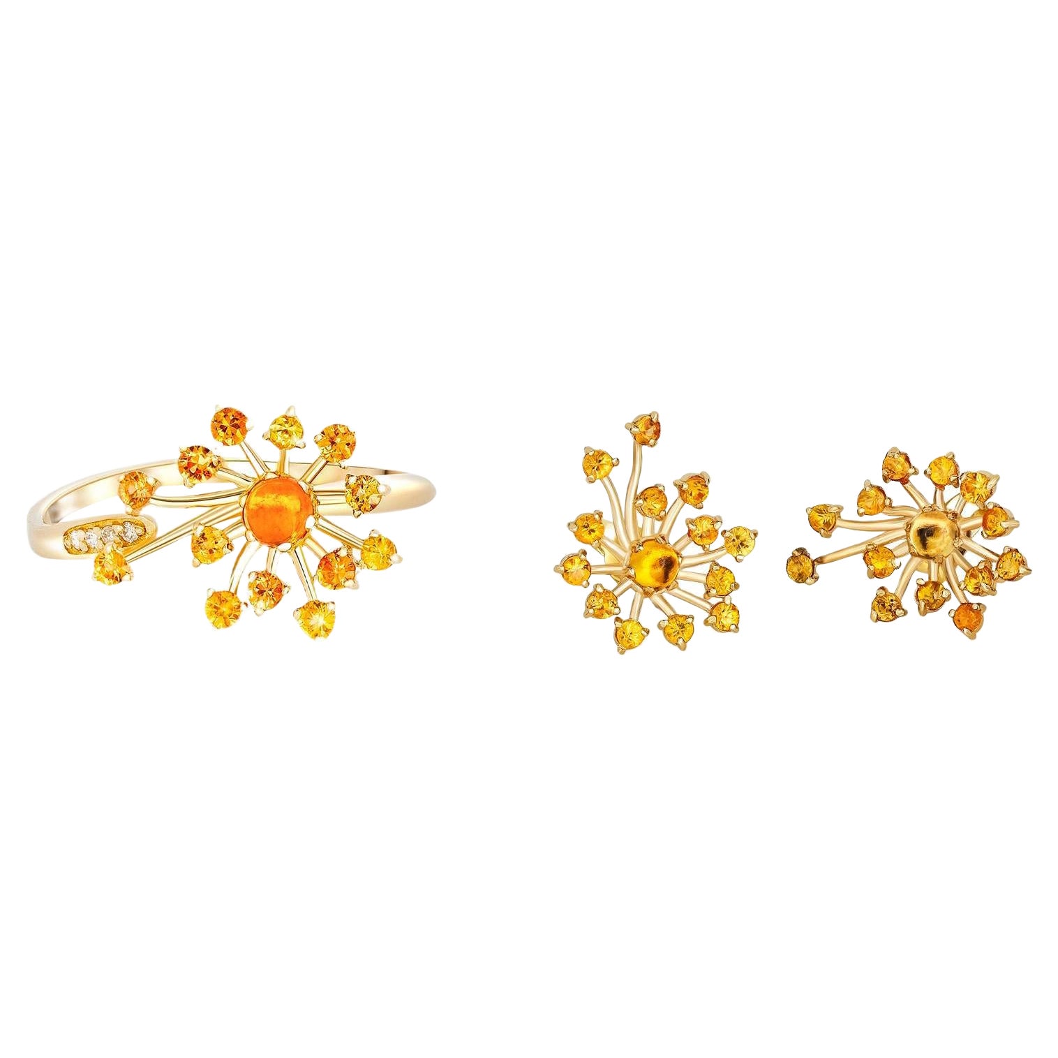 Dandelion Flower Set: Ring and Earrings with Yellow Sapphires and Diamonds