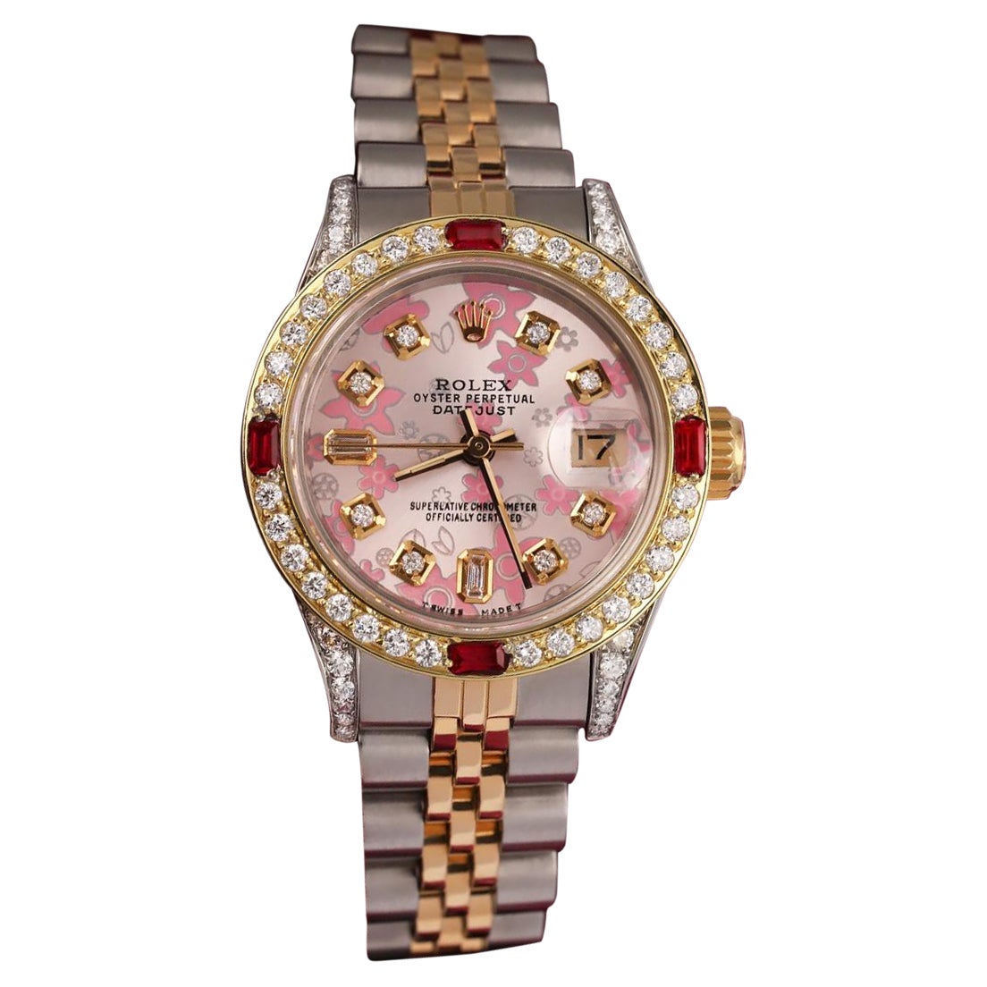 Rolex Montre Datejust 26 mm pour femme avec cadran à fleurs roses brillantes bicolores, 69173