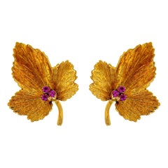 Tiffany & Co Ruby Autumn Leaf Earrings 18k Gold Original Pouch