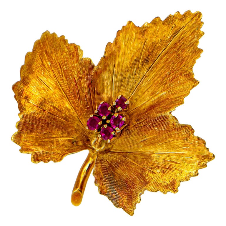 Tiffany & Co Ruby Autumn Leaf Brooch 18k Gold Original Pouch