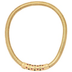 Retro Ruby Sapphire Diamond Gold Snake chain Necklace