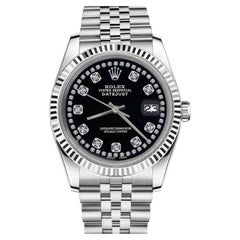 Rolex Ladies Datejust Stainless Steel Black String Diamond Accent Watch