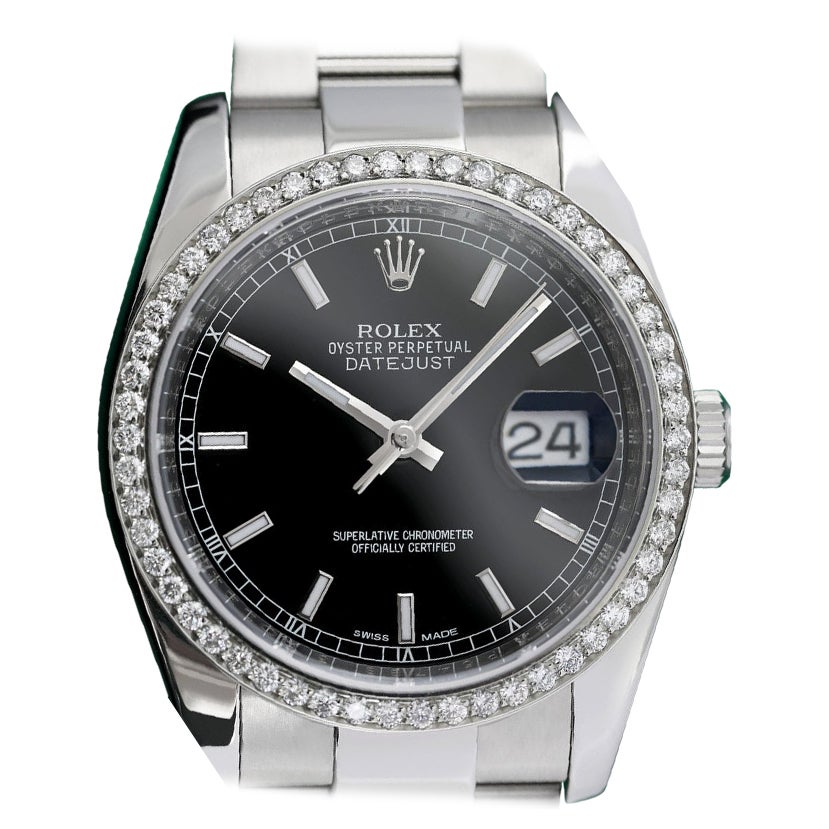 Rolex Datejust Oyster Black Index Dial SS Watch with Diamond Bezel 116200