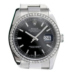 Rolex Datejust Oyster Black Index Dial SS Watch with Diamond Bezel 116200