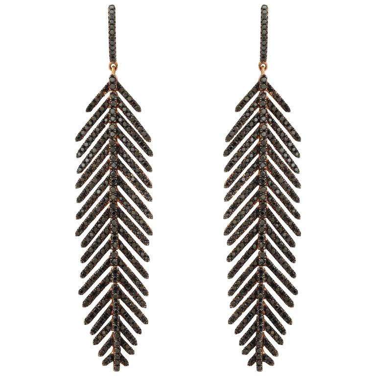 Gold And Black Diamond Feather Earrings For At 1stdibs Gold And Black Diamond Feather Earrings For