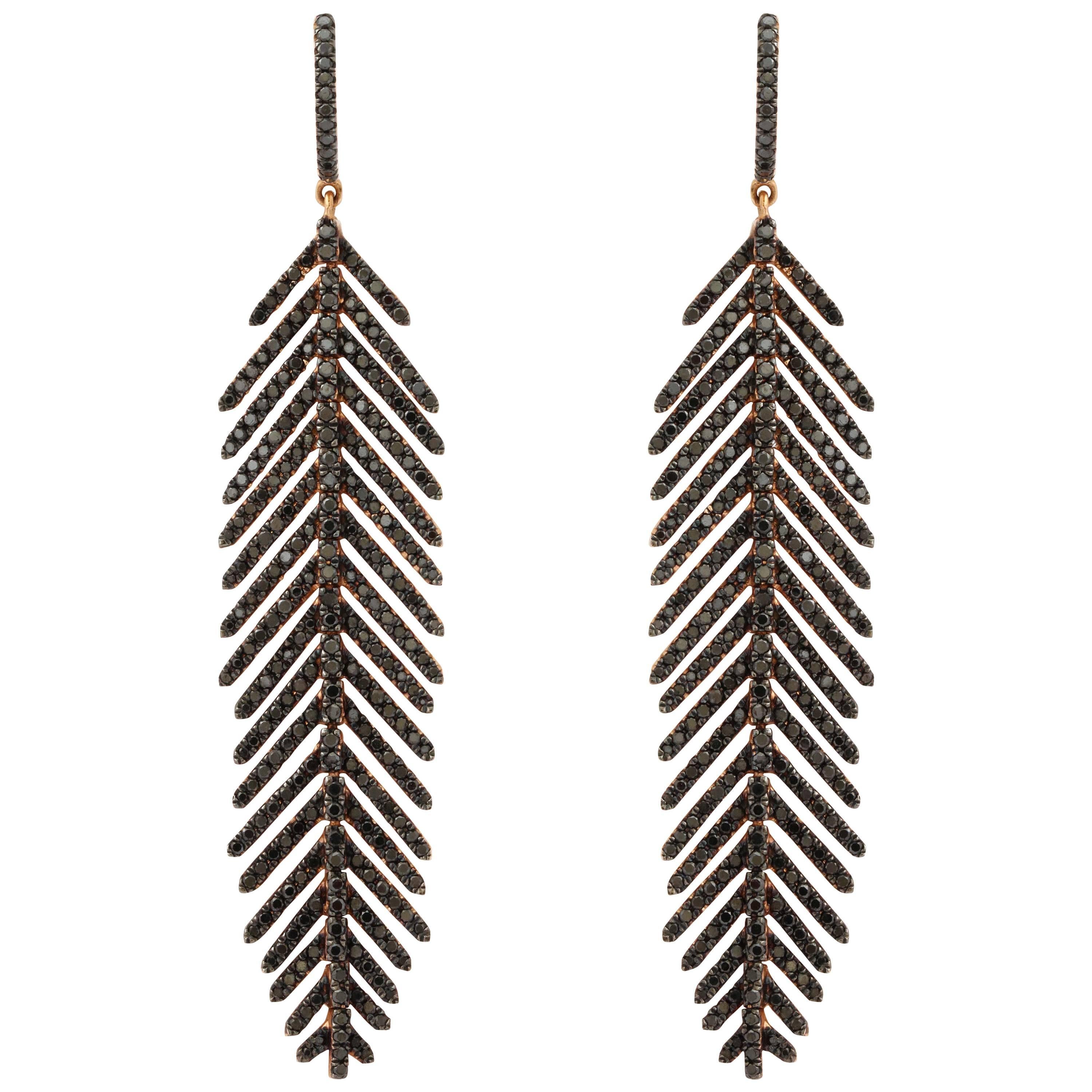 Gold and Black Diamond Feather Earrings