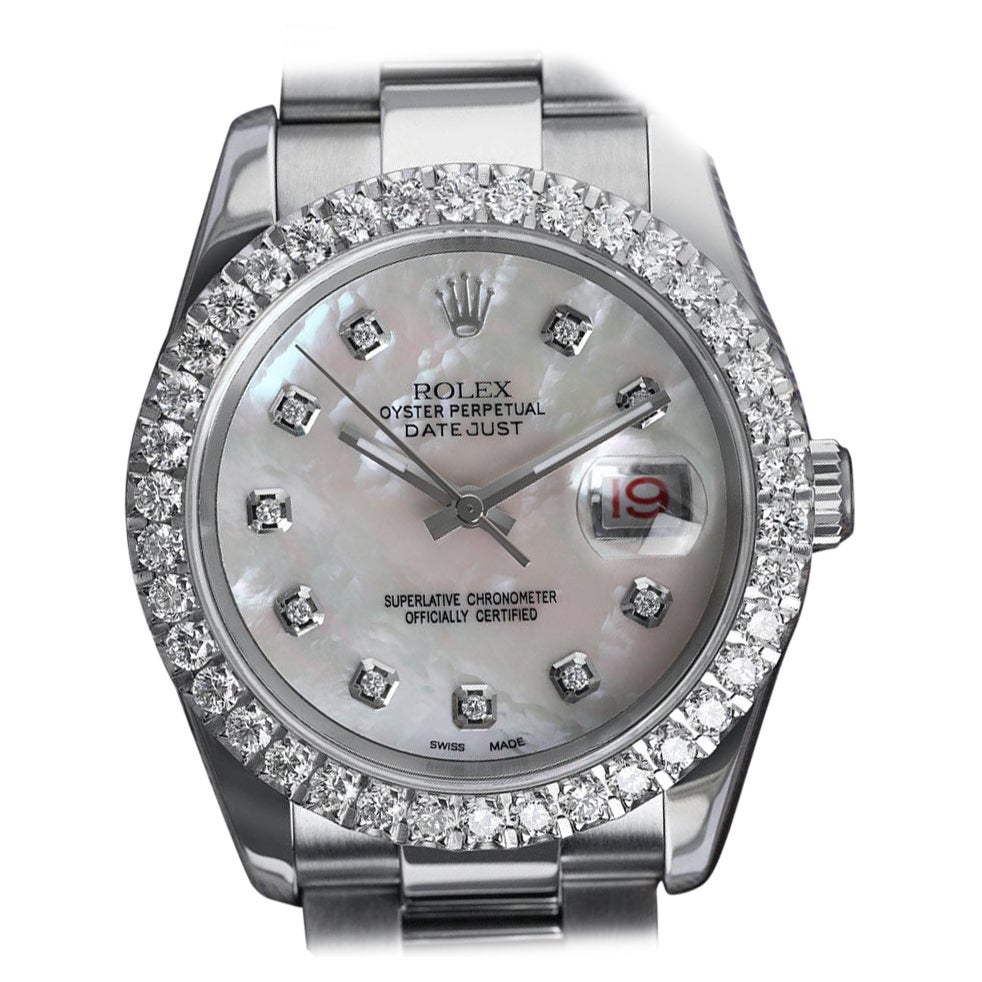 Rolex Montre Datejust 36 mm avec lunette personnalisée en diamants et cadran en nacre blanche, style neuf