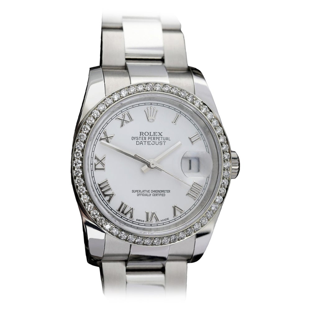 Rolex Datejust SS New Style Diamond Bezel, White Roman Numeral Dial 116200  For Sale