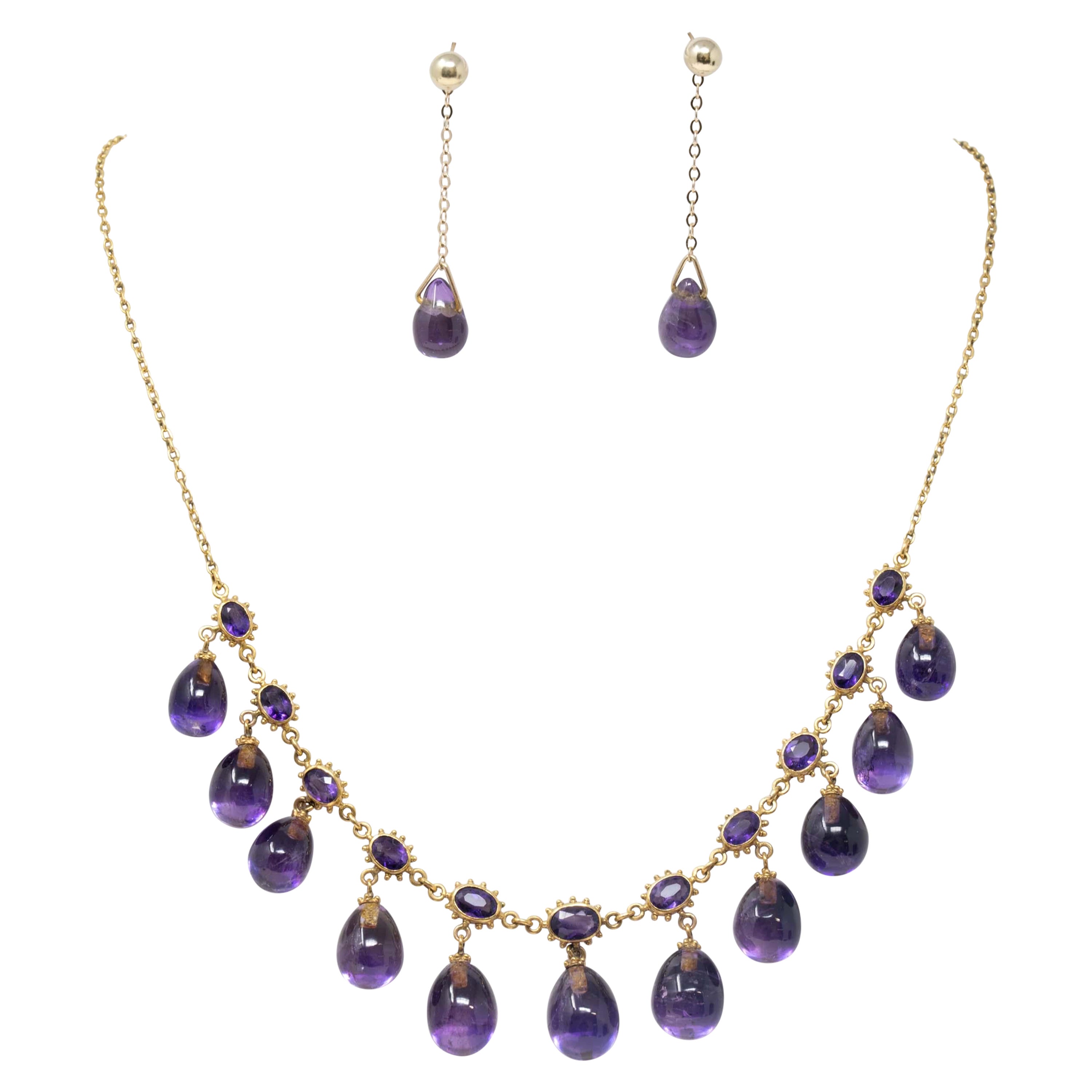 14k Yellow Gold & Natural Amethyst Stone Necklace & Earrings For Sale
