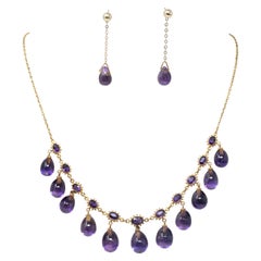 Vintage 14k Yellow Gold & Natural Amethyst Stone Necklace & Earrings