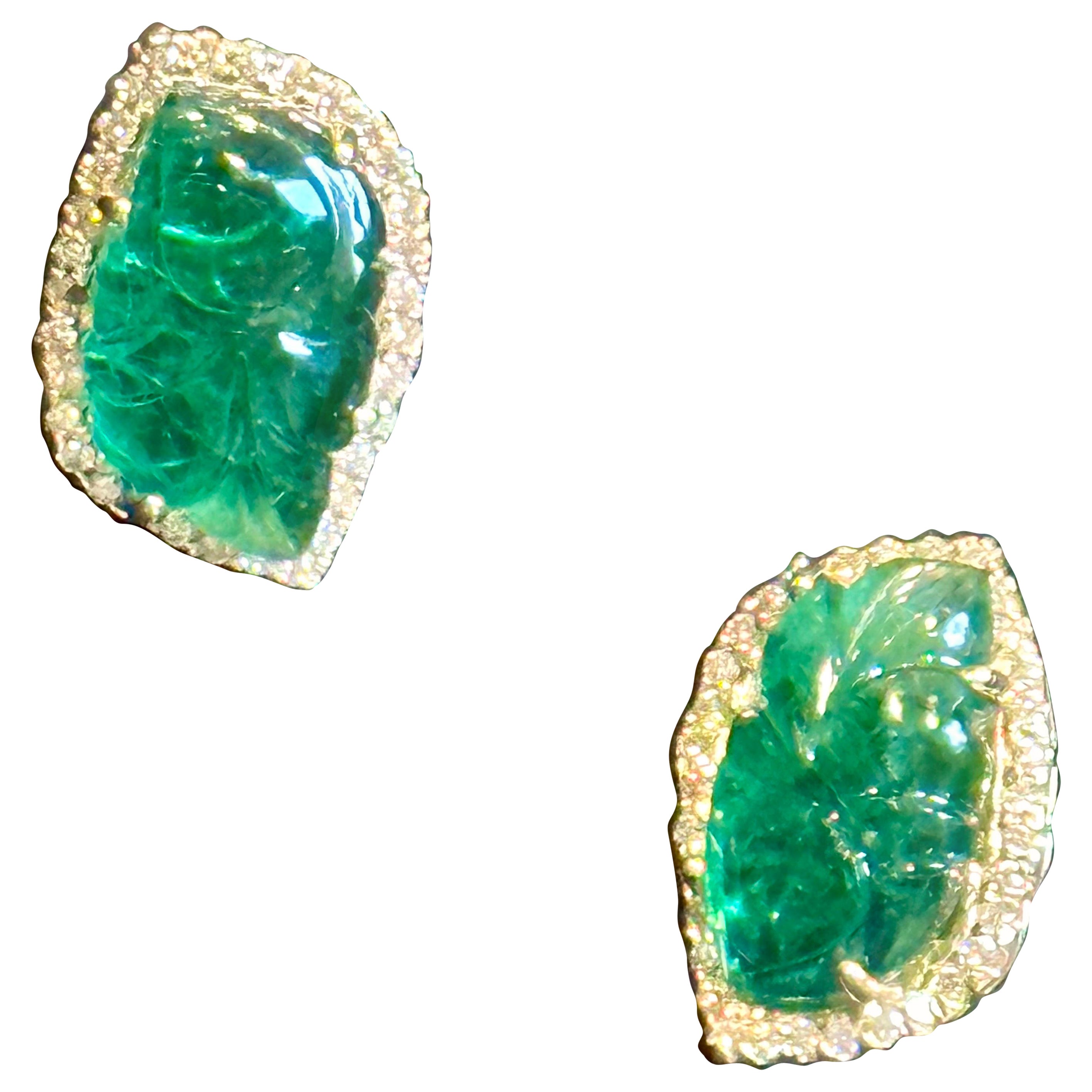 22 Ct Carved Emerald & 2 Ct Diamond Earrings 14 Karat Yellow Gold Post Earrings For Sale