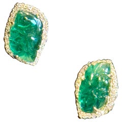 22 Ct Carved Emerald & 2 Ct Diamond Earrings 14 Karat Yellow Gold Post Earrings