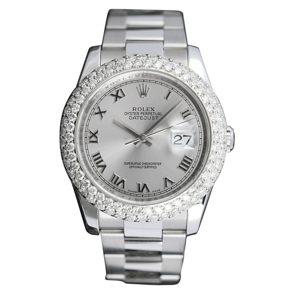 Rolex Datejust Oyster Two Row Diamond Bezel, Silver Roman Numerals Dial For Sale