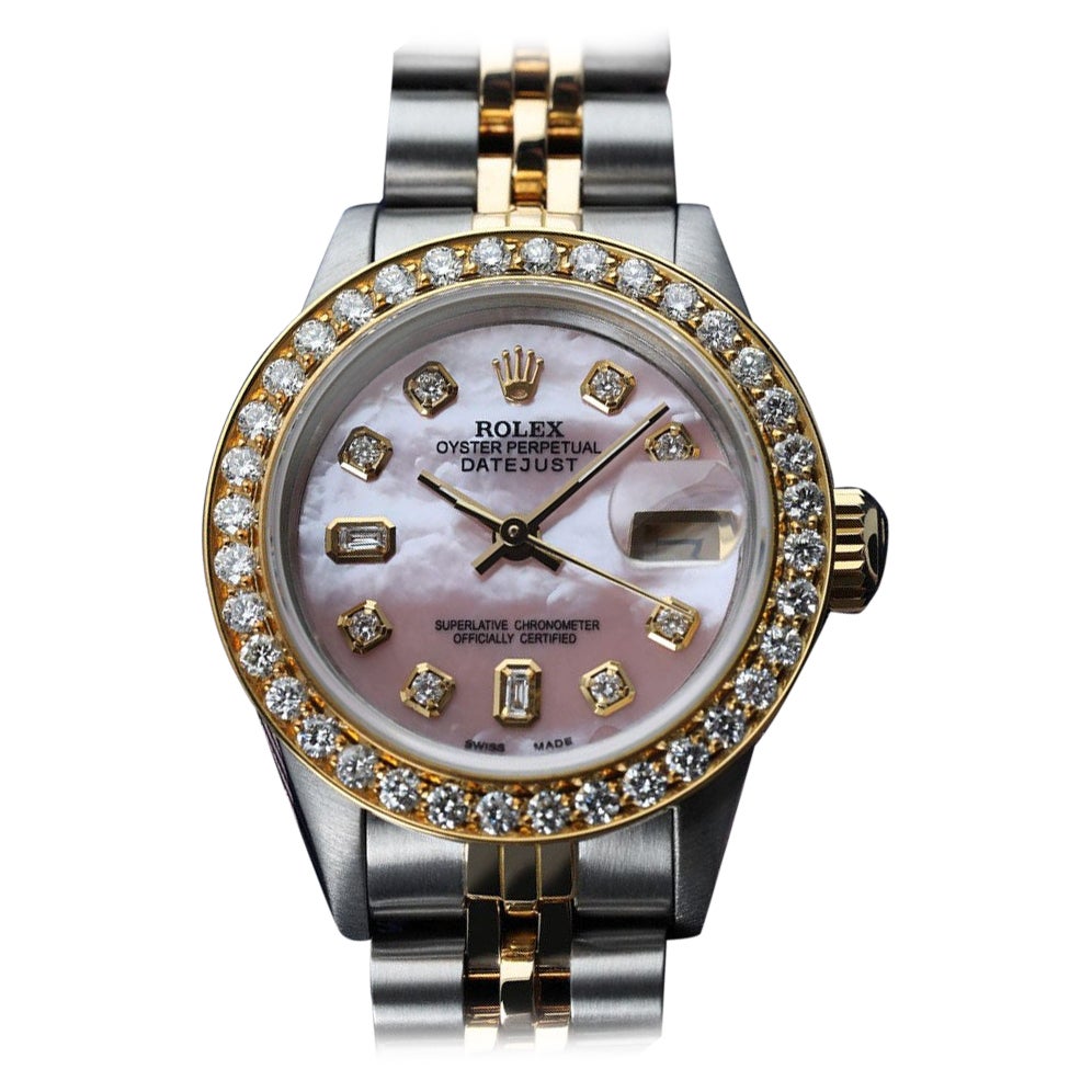 Damen Rolex Datejust Vintage Diamant-Lünette zweifarbige rosa MOP-Uhr 69173 im Angebot