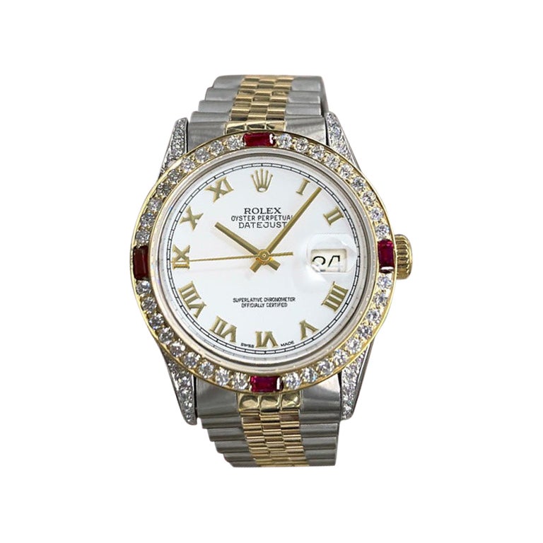 Rolex Datejust White Roman Dial with Diamond Lugs & Diamond/Ruby Bezel For Sale