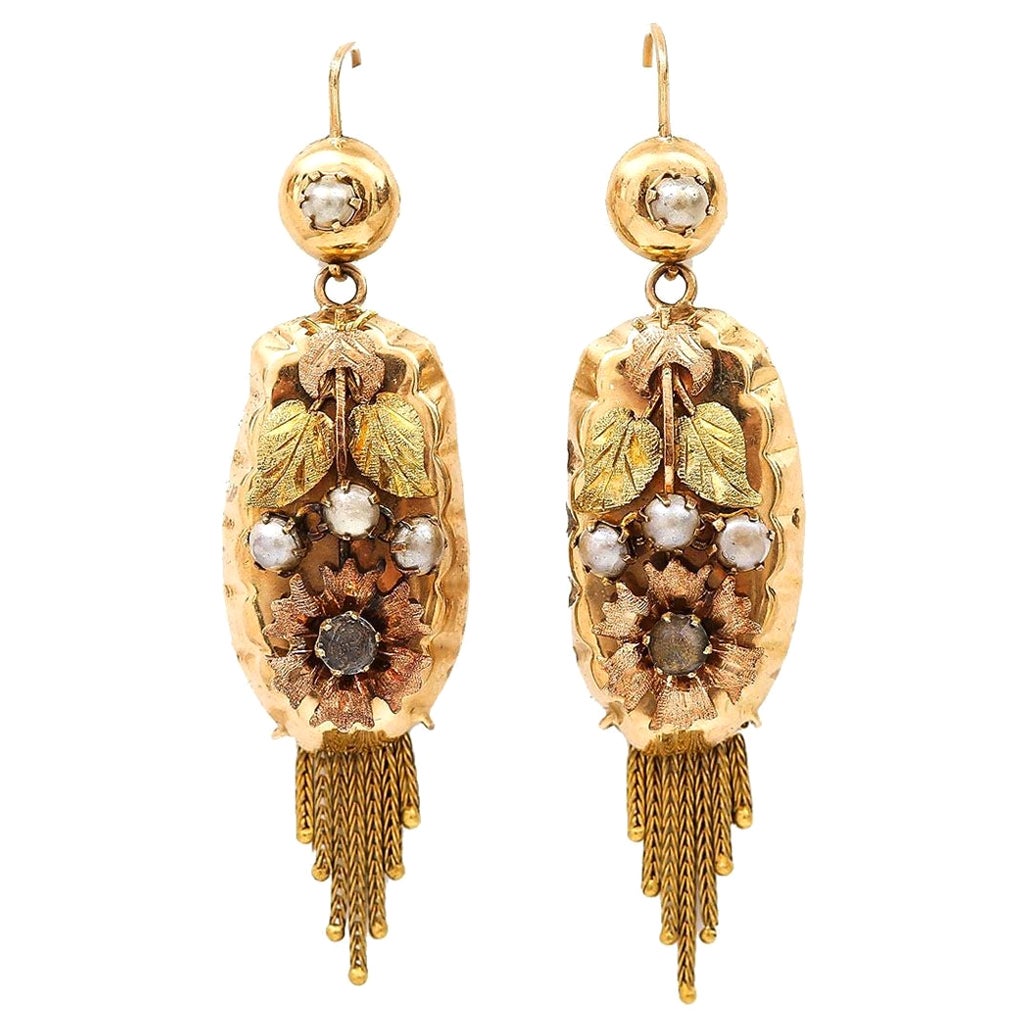 Dutch Antique 14ct Yellow Rose Gold Pearl and Rhinestone Tassel Drop Earrings