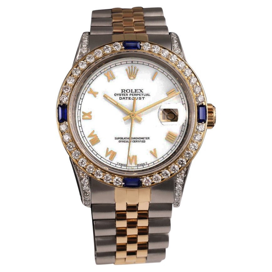 Rolex Datejust White Roman Numeral Dial Sapphire Diamond Bezel 16013 Watch For Sale