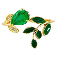 14 Karat Gold Ring with Pear Emerald and Diamonds with Enamel
