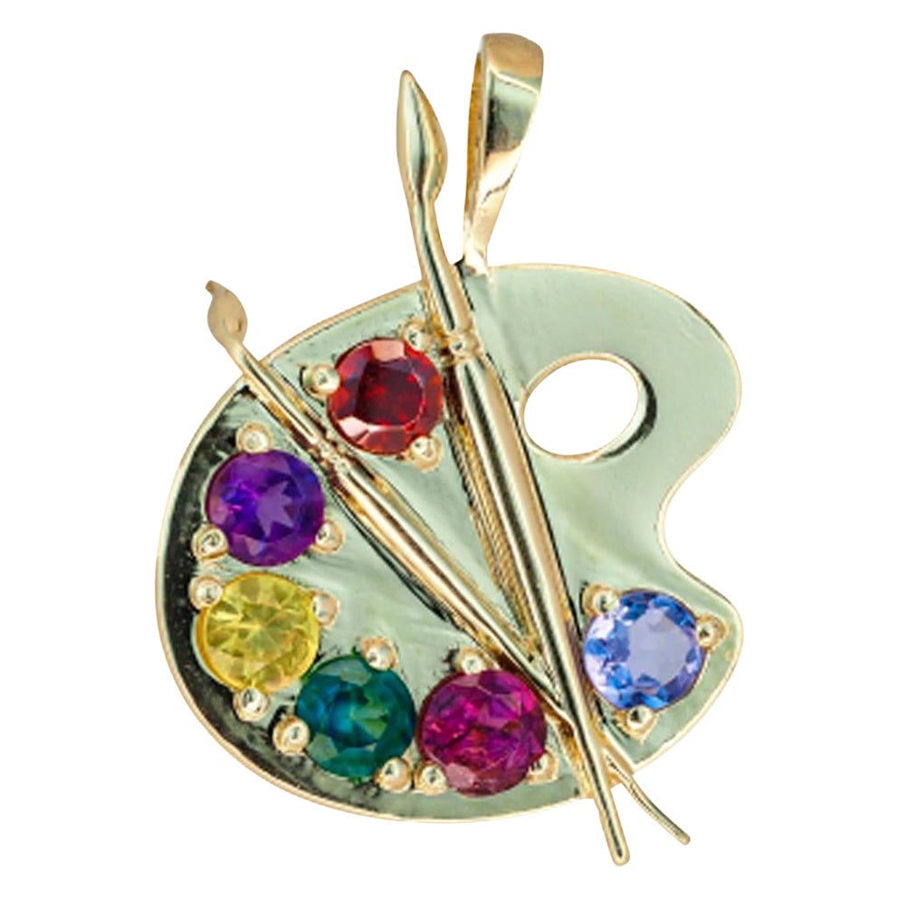 Palette with Paints 14k Gold Pendant with Colored Stones For Sale