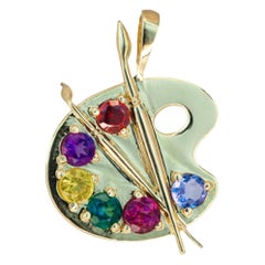 Palette with Paints 14k Gold Pendant with Colored Stones