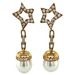 White South Sea Drop Pearl Earrings in 18k Yellow Gold with White Diamonds
