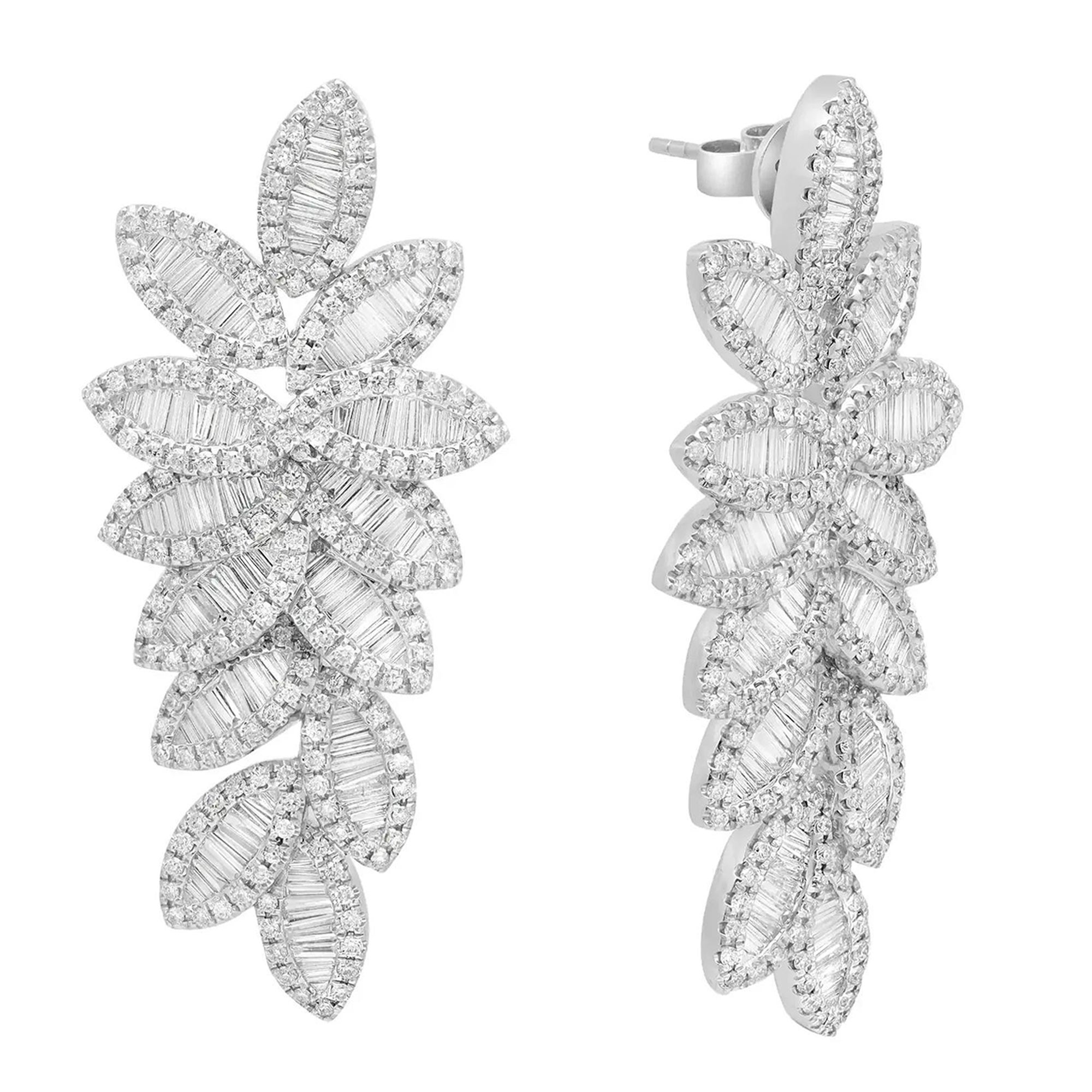 4.84 Cttw Baguette & Round Diamond Leaf Statement Drop Earrings 18K White Gold For Sale