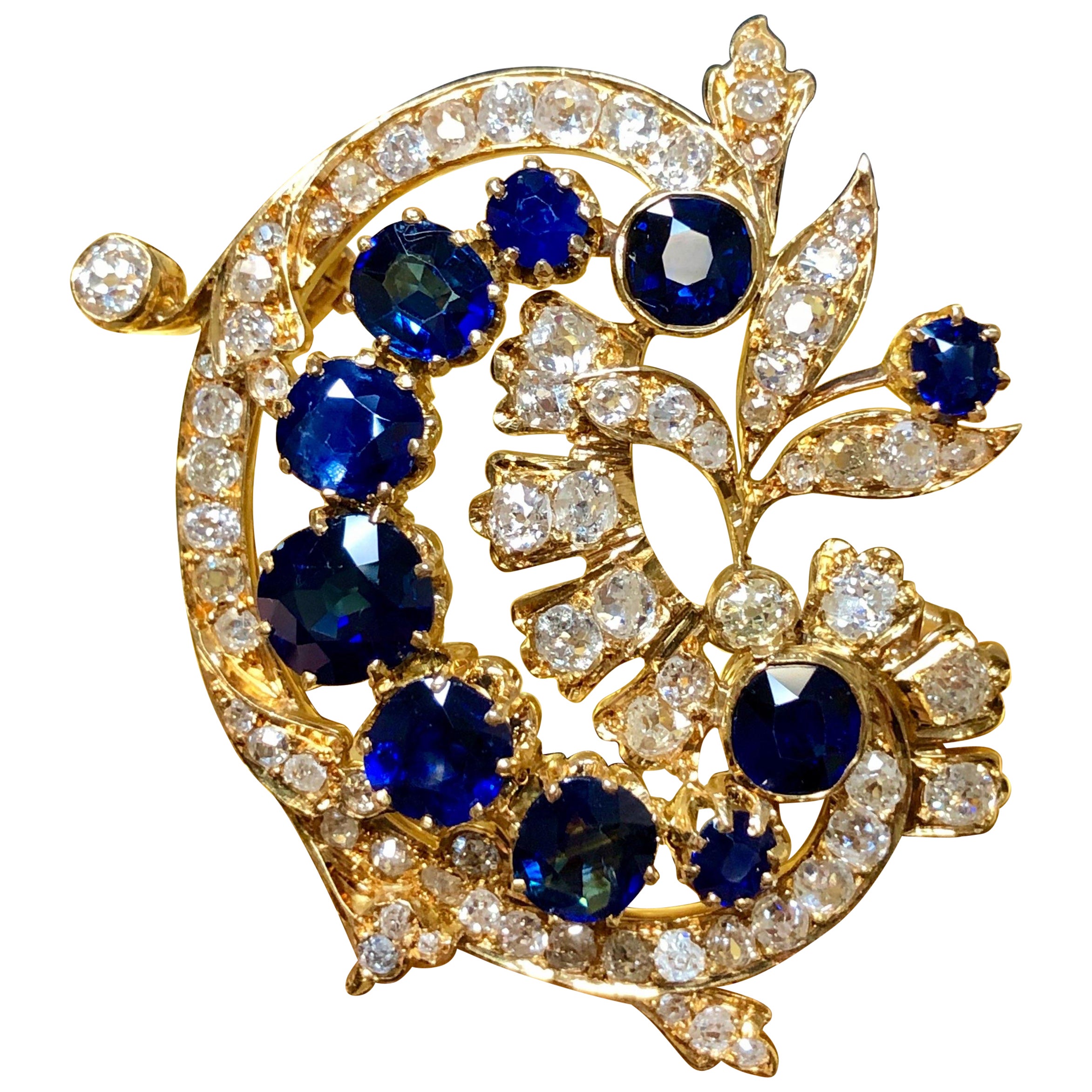 Antique 18K Victorian Diamond NO HEAT Sapphire Floral Paisley Brooch Pin GIA
