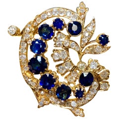 Antique 18K Victorian Diamond NO HEAT Sapphire Floral Paisley Brooch Pin GIA