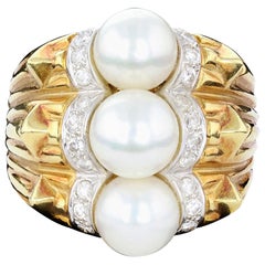 Three White Pearl and Diamond Ring