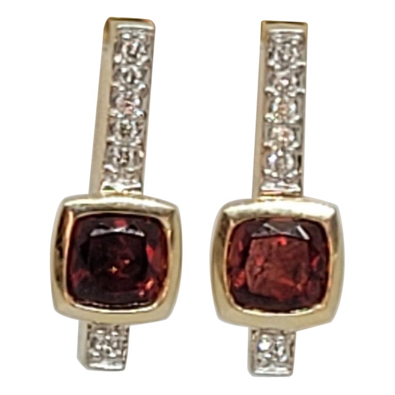 14kt Yellow Gold Garnet Diamond Earrings, Friction Posts, Stamped, .12cttw For Sale