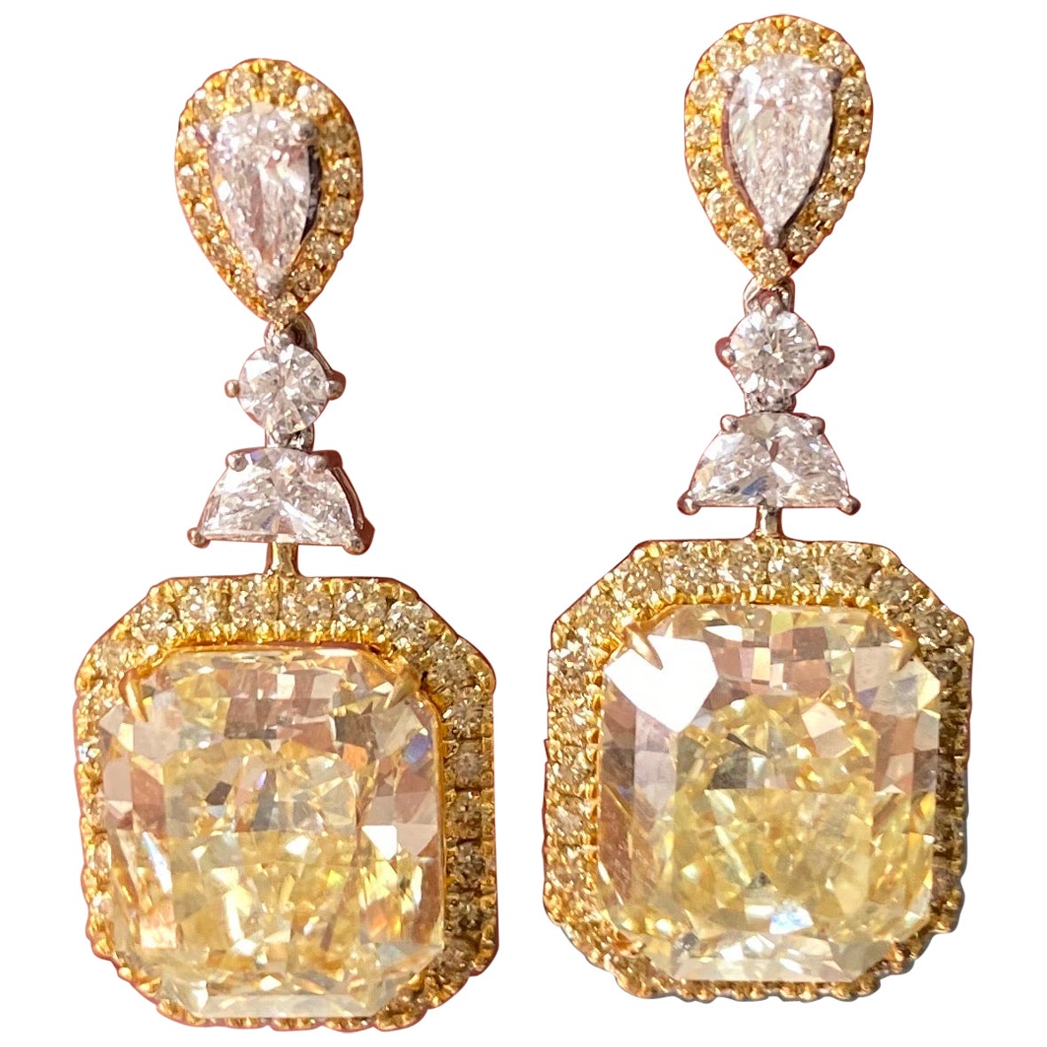 GIA Certified 14.11 Carat VS/VVS Quality Fancy Yellow  Diamond Dangle Earrings
