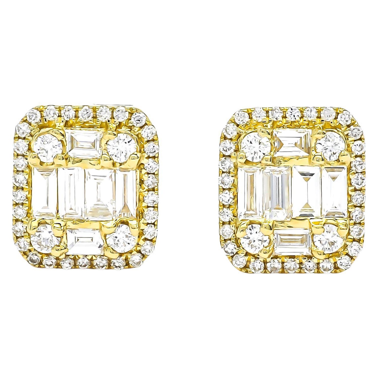 Clous d'oreilles en or jaune 18 carats avec diamants naturels baguettes et halo rond 