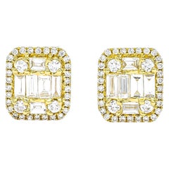 18KT Yellow Gold Natural Diamonds Baguette Round Halo Cluster Stud Earrings