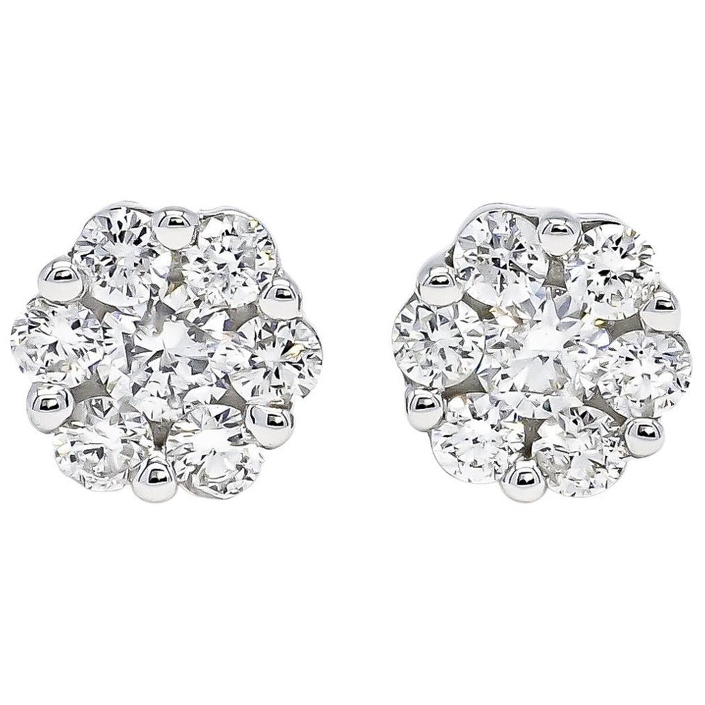  Diamants naturels 1.10 carats Or blanc 18KT Clou d'oreille Classic Cluster