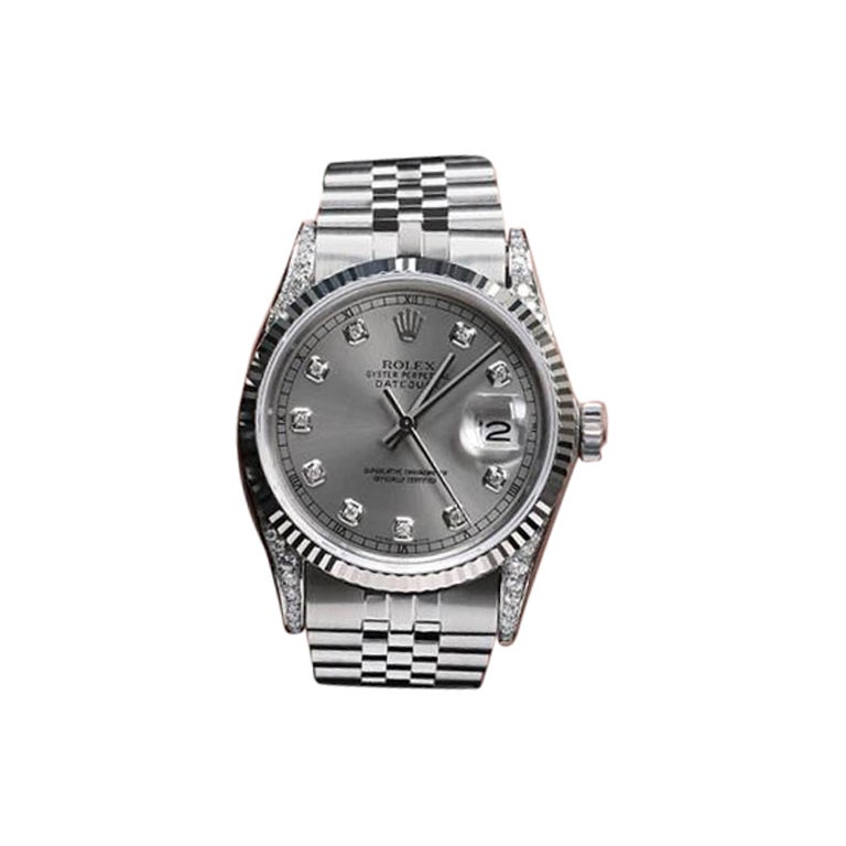 Rolex Datejust SS Grey Dial Classic + Lugs with Diamond Accent RT Watch For Sale