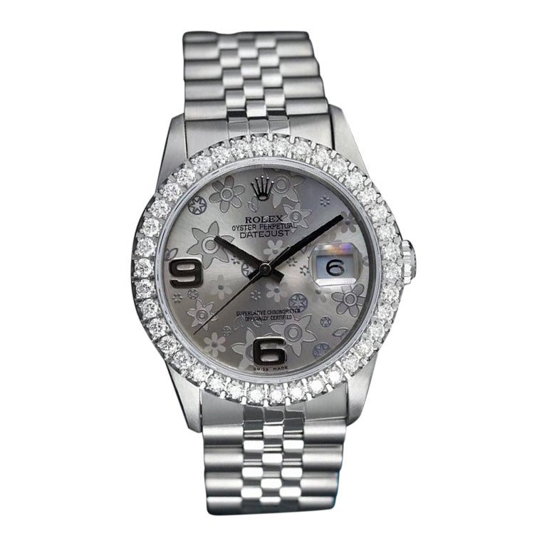 Rolex Datejust 36mm Silver Floral Dial Diamond Bezel Stainless Steel Jubilee  For Sale